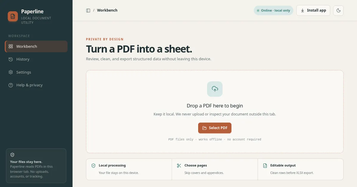 Screenshot of Offline PDF to Excel