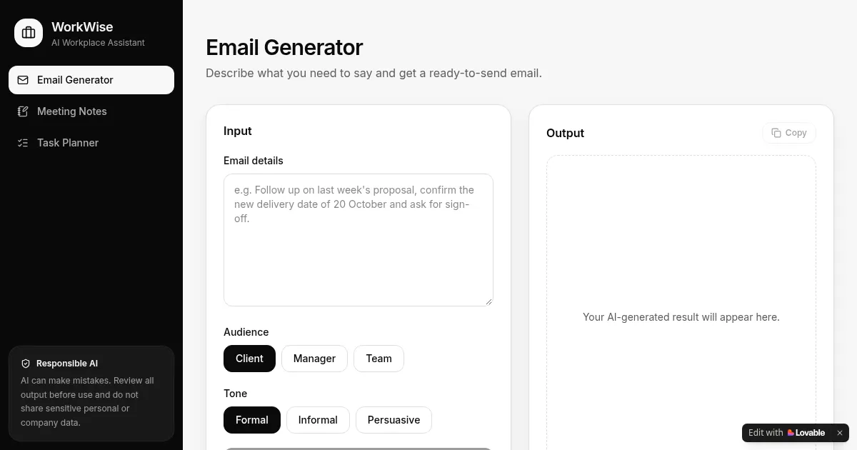 Screenshot of workwise ai assistant