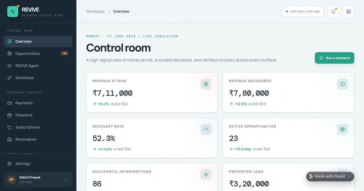 Screenshot of REVIVE RevenueRecovery