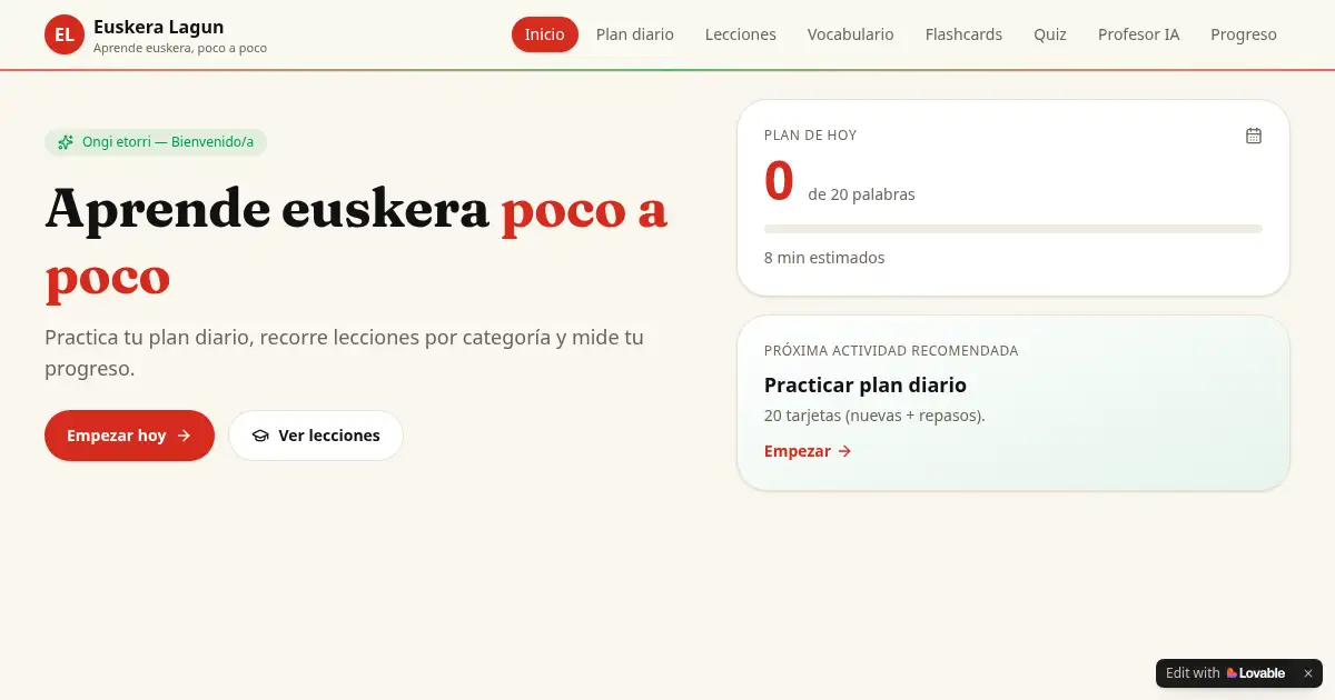 Screenshot of euskara lagun app