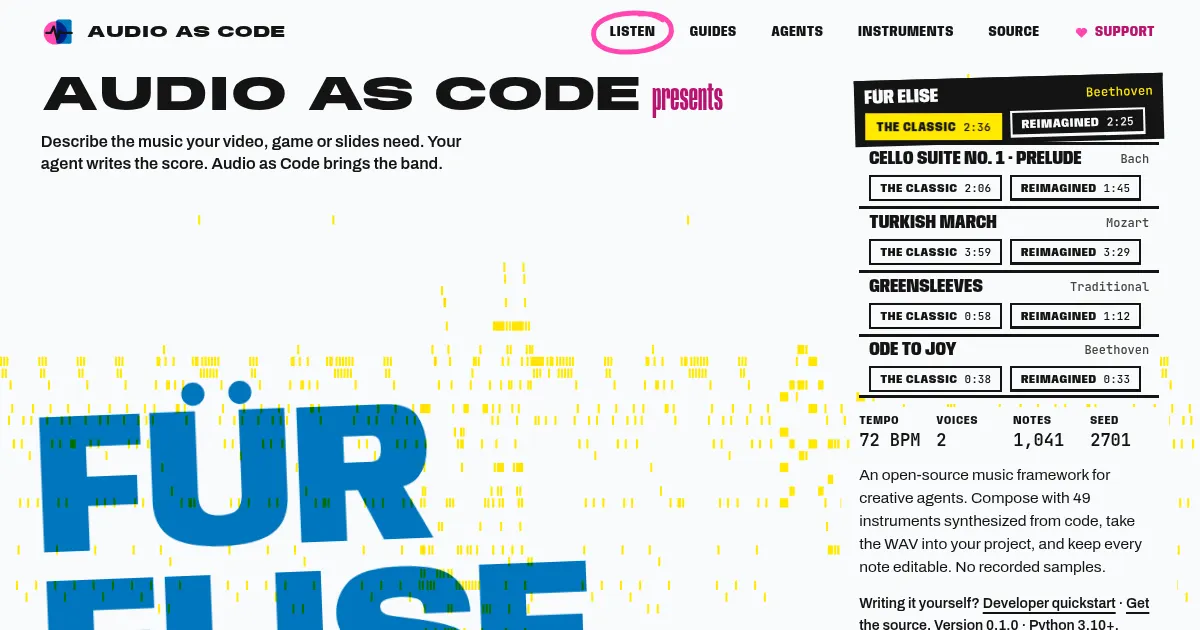Screenshot of audio as code