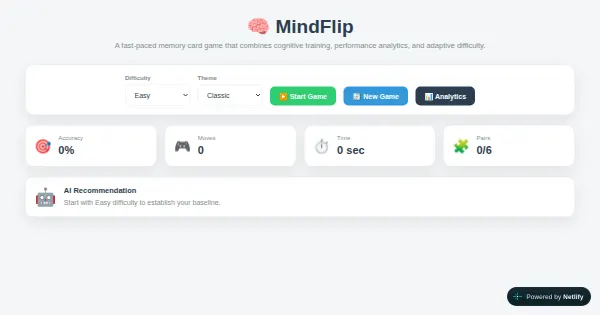 Screenshot of MindFlip Memory Game x Vibe Coding