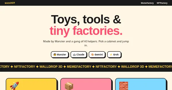 Screenshot of Manzier — toys, tools & tiny factories