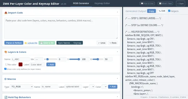 Screenshot of ZMK Per Layer Color RGB and Keymap Editor