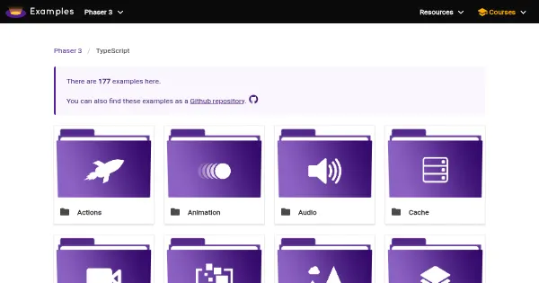 Screenshot of phaser3 typescript examples