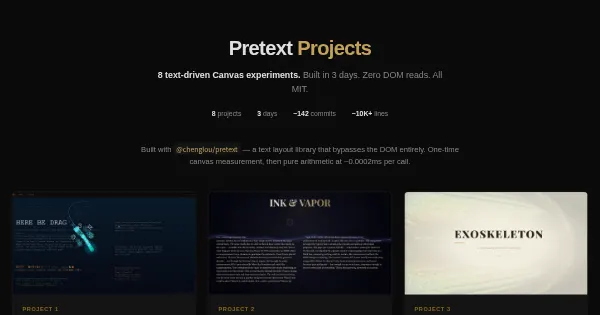 Screenshot of pretext projects