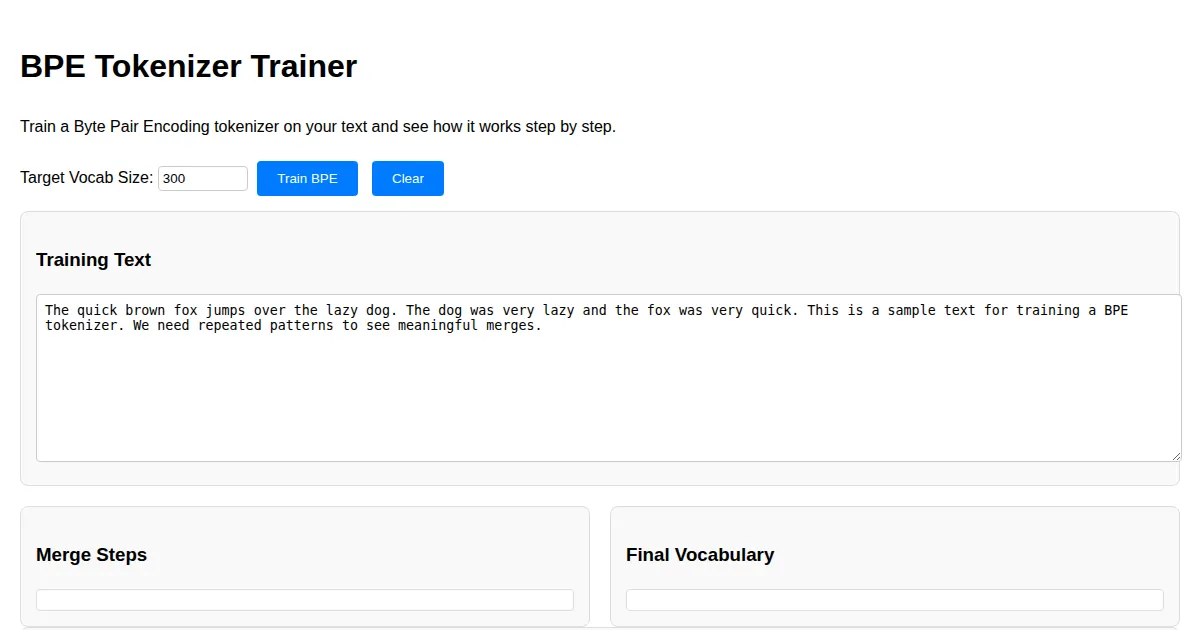Screenshot of bpe tokenizer trainer