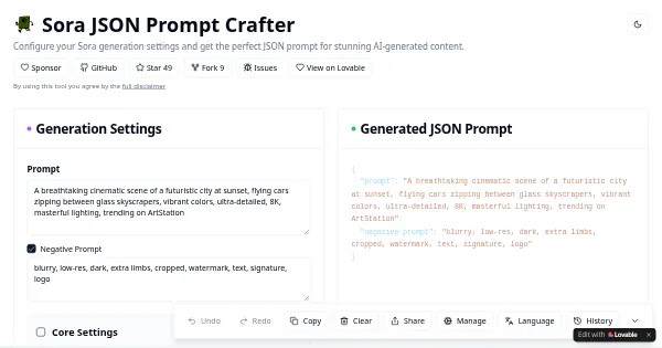 Screenshot of sora json prompt crafter