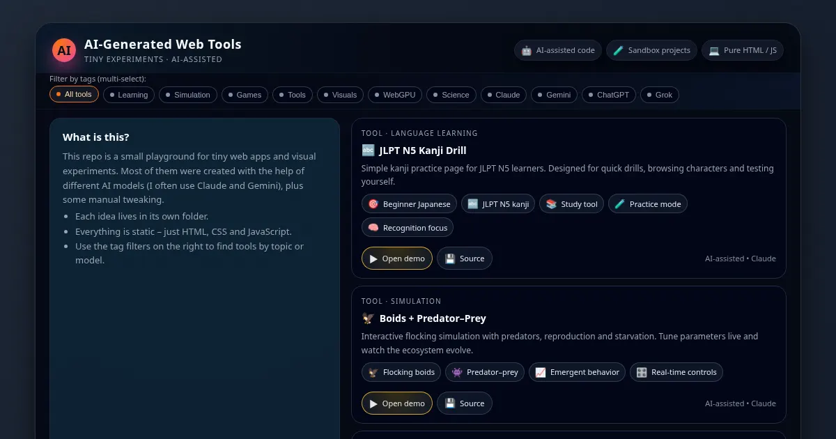 Screenshot of ai generated web tools