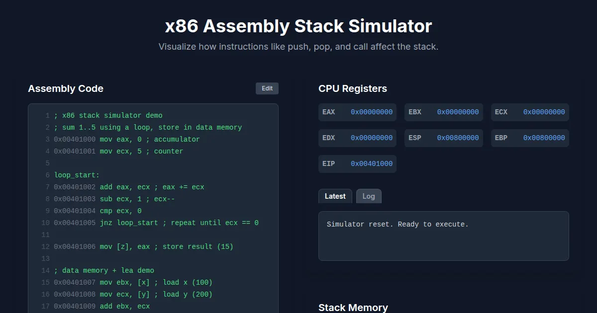 Screenshot of stack simulator